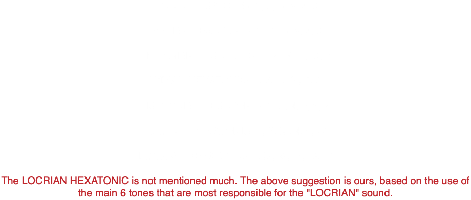 IONIAN HEXATONIC- 1, 2, 3, 4, 5, 6 DORIAN HEXATONIC- 1, 2, b3, 4, 5, 6 PHRYGIAN HEXATONIC- 1, b3, 4, 5, b6, 7 LYDIAN HEXATONIC- 1, 2, 3, #4, 5, 6 MIXOLYDIAN HEXATONIC- 1, 2, 4, 5, 6, b7 AEOLIAN HEXATONIC- 1, 2, b3, 4, 5, b7 LOCRIAN HEXATONIC- 1, b2, b3, b5, b6, b7 The LOCRIAN HEXATONIC is not mentioned much. The above suggestion is ours, based on the use of the main 6 tones that are most responsible for the "LOCRIAN" sound.