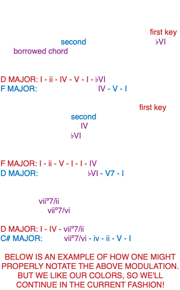  There are three main types: 1) Chromatic diatonic- CHROMATIC in the first key, DIATONIC in the second. Below, we use the bVI as the borrowed chord (chromatic), in D major, and the IV chord (diatonic), in F major. D MAJOR: I - ii - IV - V - I - bVI F MAJOR: IV - V - I 2) Diatonic chromatic- DIATONIC in the first key, CHROMATIC in the second. Below, we use same chords in reveres. The IV chord (diatonic), in F major, becomes the bVI chord (chromatic), in D major. F MAJOR: I - ii - V - I - I - IV D MAJOR: bVI - V7 - I 3) Chromatic chromatic- CHROMATIC in both keys. Below, the viiº7/ii chord (chromatic), in D major, becomes the viiº7/vi chord (chromatic), in C# major. D MAJOR: I - IV - viiº7/ii C# MAJOR: viiº7/vi - iv - ii - V - I BELOW IS AN EXAMPLE OF HOW ONE MIGHT PROPERLY NOTATE THE ABOVE MODULATION. BUT WE LIKE OUR COLORS, SO WE'LL CONTINUE IN THE CURRENT FASHION!