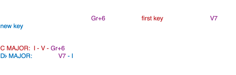 One can easily move to a distantly related key with the use of the GERMAN AUGMENTED 6 chord (Gr+6). Below we reinterpret the Gr+6 chord of the first key, C major, as the V7 of the new key, Db major. This took us to a key that is a b2 away from the original. Like all of these examples, you can also use the same chords to go back the way you came. C MAJOR: I - V - Gr+6 Db MAJOR: V7 - I One can also use this chord to go to a key of MEDIANT relation to the original. 