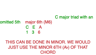 -In the case of the V subs 6th chord, we actually omit the 5th of the chord and replace it with the 6th: F MAJOR: V subs 6th chord= C major triad with an omitted 5th + major 6th (M6) Note names: C - E - A Chord tones: 1 - 3 - 6 THIS CAN BE DONE IN MINOR. WE WOULD JUST USE THE MINOR 6TH (Ab) OF THAT CHORD
