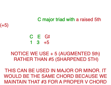 -In the case of the V +5 chord, we actually raise scale degree 5 (+5): F MAJOR: V +5= C major triad with a raised 5th (+5) Note names: C - E - G# Chord tones: 1 - 3 - +5 NOTICE WE USE + 5 (AUGMENTED 5th) RATHER THAN #5 (SHARPENED 5TH) THIS CAN BE USED IN MAJOR OR MINOR. IT WOULD BE THE SAME CHORD BECAUSE WE MAINTAIN THAT #3 FOR A PROPER V CHORD